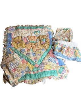 Vintage reversible Teddy Bear and heart print crib bedding set by Bright Future